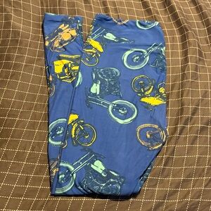 LulaRoe - Blue Motorcycle Print Leggings - Yellow & Teal Accents